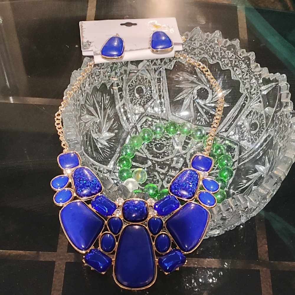 Blue and Gold Statement Necklace and Earring Set